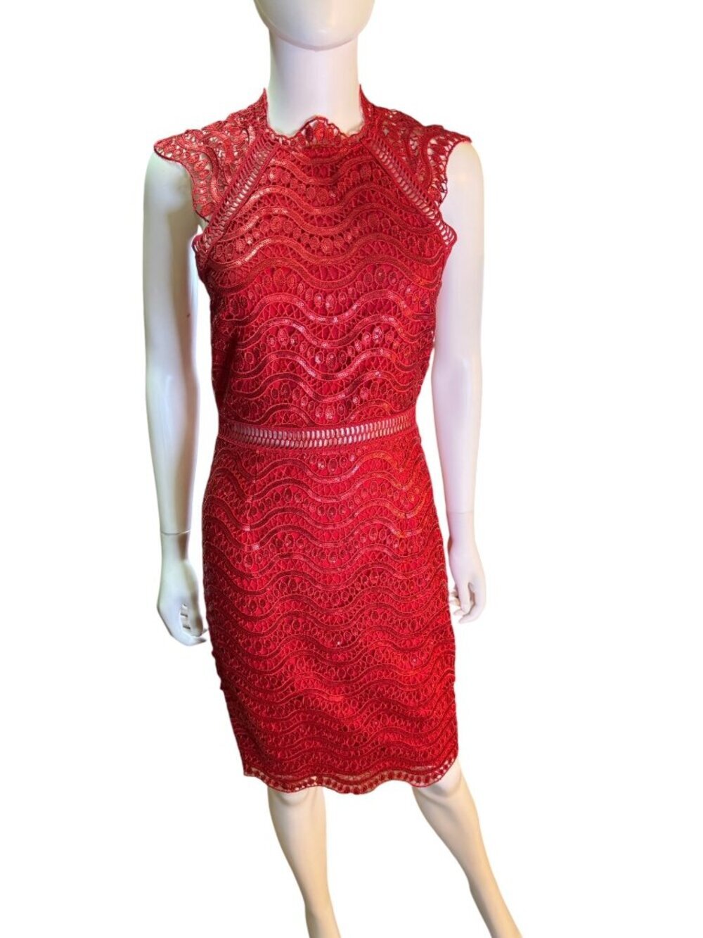 Saylor Red Lace Midi Dress Sequins High Neck Open Back Embroidery Cocktail XS